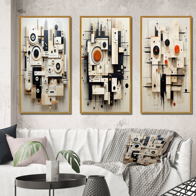 Designart "Abstract Urban Vision Black and White III" Modern Geometric Framed Wall Art Set Of 3 - Black Abstract Frame Canvas Set For Living Room Decor
