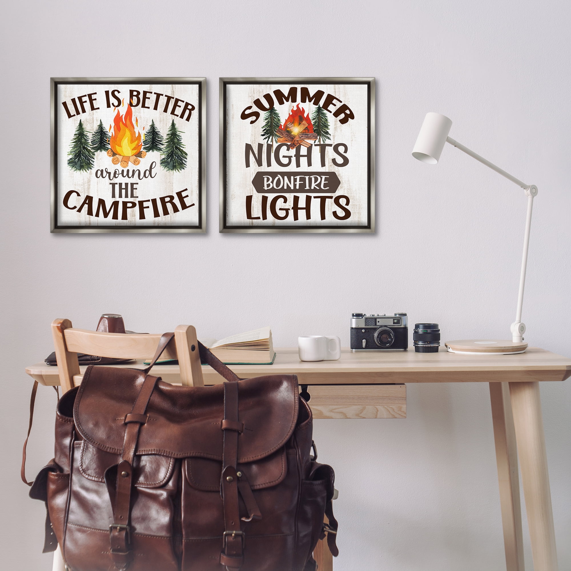 Stupell Industries Summer Nights Campfire Text & Numbers Painting Gray Floater Framed Canvas Art Print Wall Art, 18 x 18, Set of 2