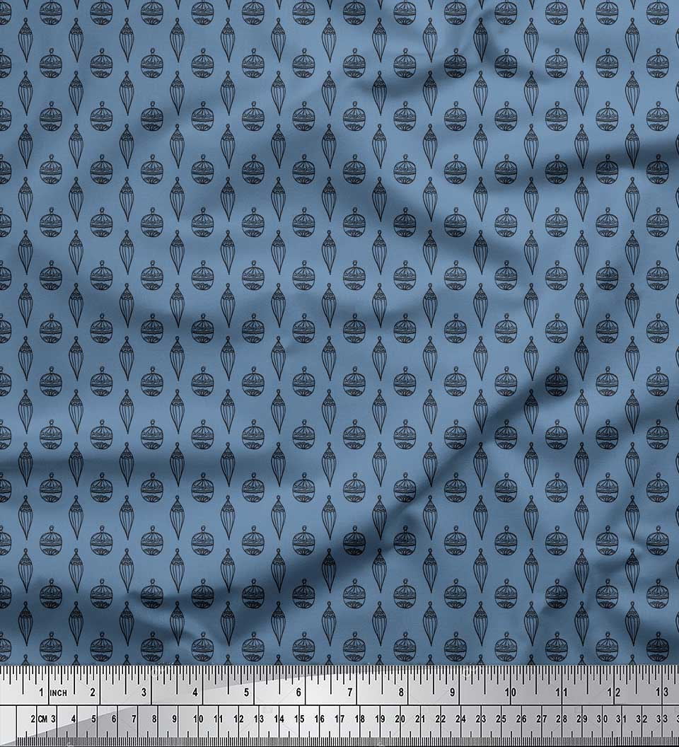 Soimoi Blue Rayon Crepe Fabric Ornament Christmas Print Fabric by the Yard 46 Inch Wide