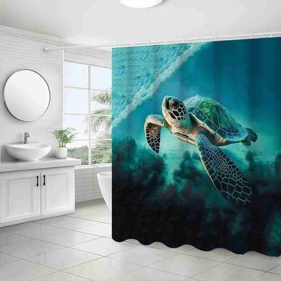 70x70 inch Teal Underwater Sea Turtle Shower Curtain, Waterproof Polyester Fabric with Hooks for Bathroom Decor