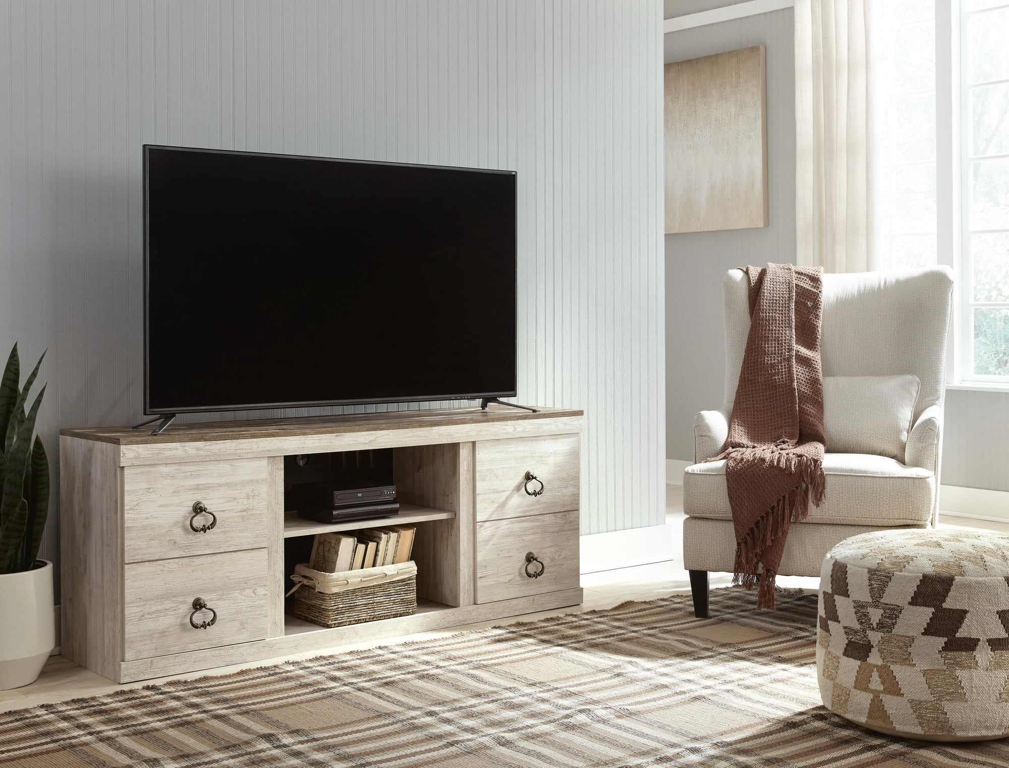 Signature Design by Ashley Willowton TV Stand with Fireplace Option, Whitewash, Coastal Entertainment Center for TVs up to 65" with Storage