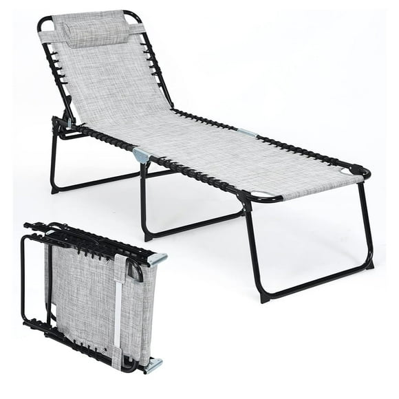 Folding Chaise Lounge Chair, Foldable Pool Lounger with Soft Pillow , Patio Tanning Chair with 4-Position Adjustable Backrest, 2-Position Footrest for Beach, Poolside, Patio, Backyard ( Grey)