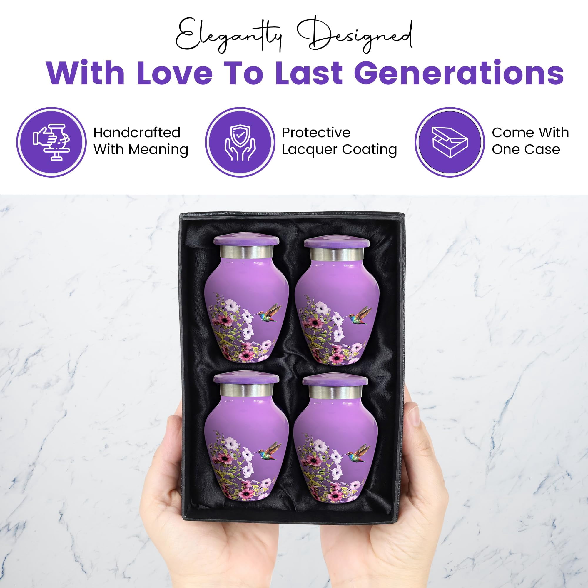 TOSENG Handcrafted Small Urns for Human Ashes Keepsake, Set of 4, Purple Floral & Hummingbird Urn Design - Polished Aluminum Memorial Keepsakes with Secure Screw Lid, Felt Base, & Case - 3x1.75 Inch