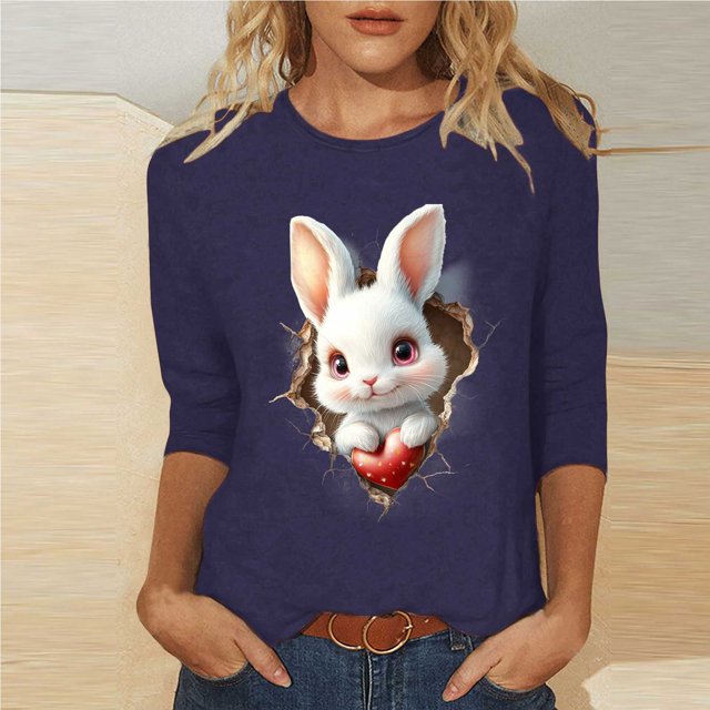 Xuyuer Ladies' Easter Print Round Neck Three Quarter Sleeve 3/4 Sleeve T-shirt Loose Tops Casual Loose Fit Crewneck T Shirts Tunic Tops