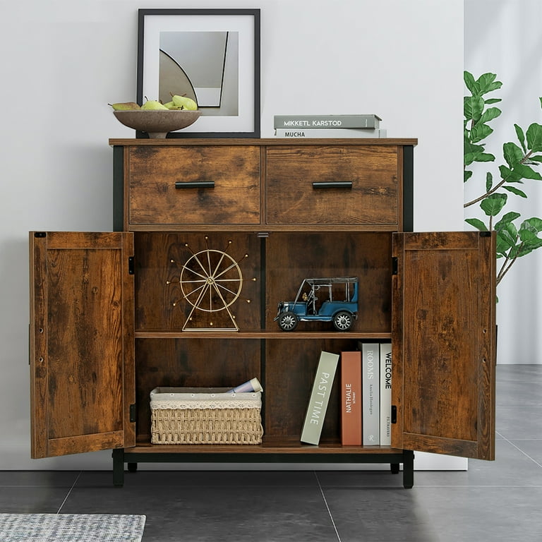 usikey Storage Cabinet, Industrial Floor Cabinet with 2 Drawers & Doors,  Freestanding Storage Cabinet with 1 Shlef & Metal Frame, Sideboard, Accent