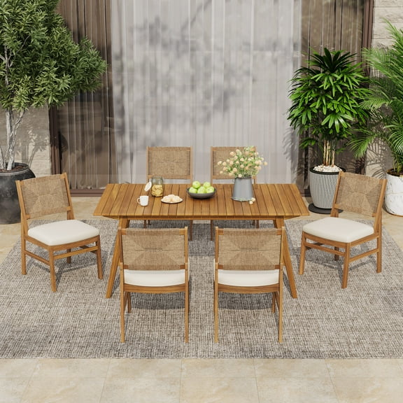 Christopher Knight Home 7-Piece Outdoor Dining Set, 69" Solid Wood Table and Wicker Chairs with Cream Cushions