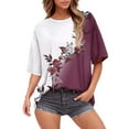 thumbnail image 2 of V-Neck Women's Short Sleeve T-shirt Summer Tops For Women Short Sleeve Crewneck Oversized T Shirts Trendy Solid/Flower Printed Beach Vacation Clothes,Red Women's Short sleeve T-shirt XXXL, 2 of 5