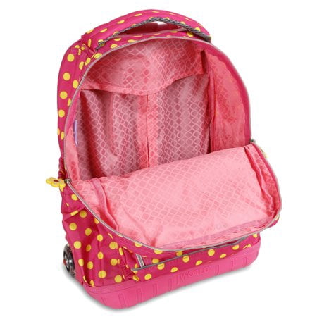 J World Girls Lollipop 16" Kids Rolling Backpack with Insulated Lunch Bag for School and Travel, Pink Buttons