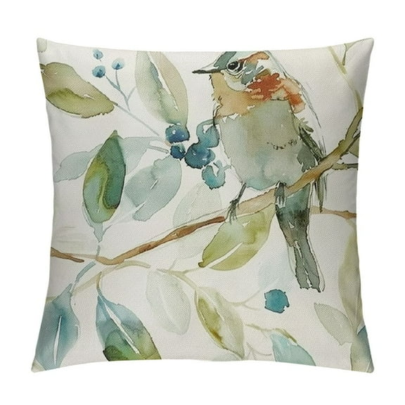 Creowell Throw Pillow Covers  Fall Farmhouse  Birds Leaves Print Green Decorative Pillows for Couch Outdoor Pillows Case, for Living Room Bedroom Cushion Covers for Home Decor