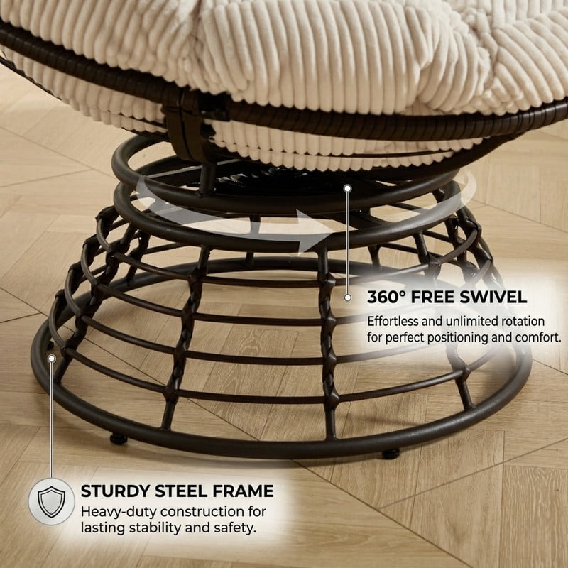 Howcool Indoor/Patio Swivel Chair with Corduroy Cushion, Round Accent Armless Rattan Egg Chair