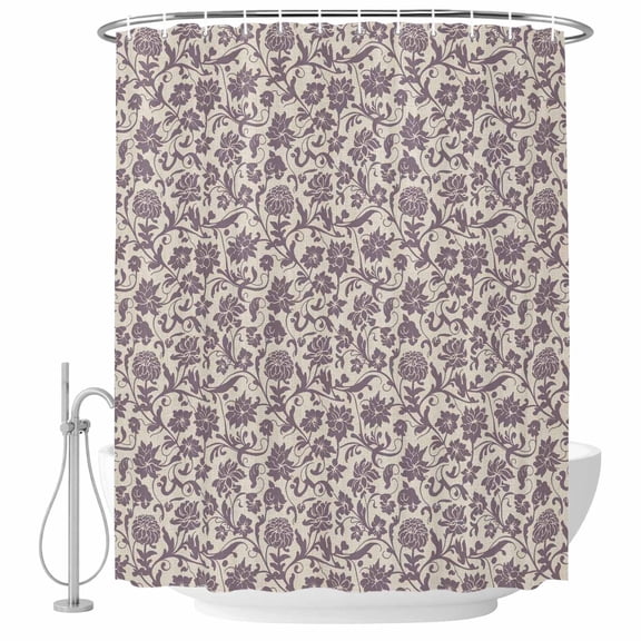 Purple Flowers Shower Curtain, 72" x 84", Vintage Spring Purple Floral Boho Country Plant Waterproof Bathroom Curtain Washable Shower Curtain Set with 12 Hooks