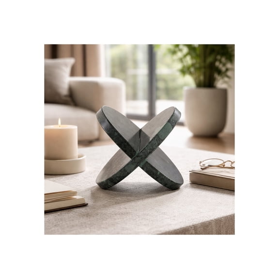 Modern Decorative Marble X-Form Shape Object Sculpture - Stylish Ornaments Home Decor and Coffee Table - Elegant Shelf, Bedroom, Office Accent, Bathroom, and Living Room Decor - 8", Green