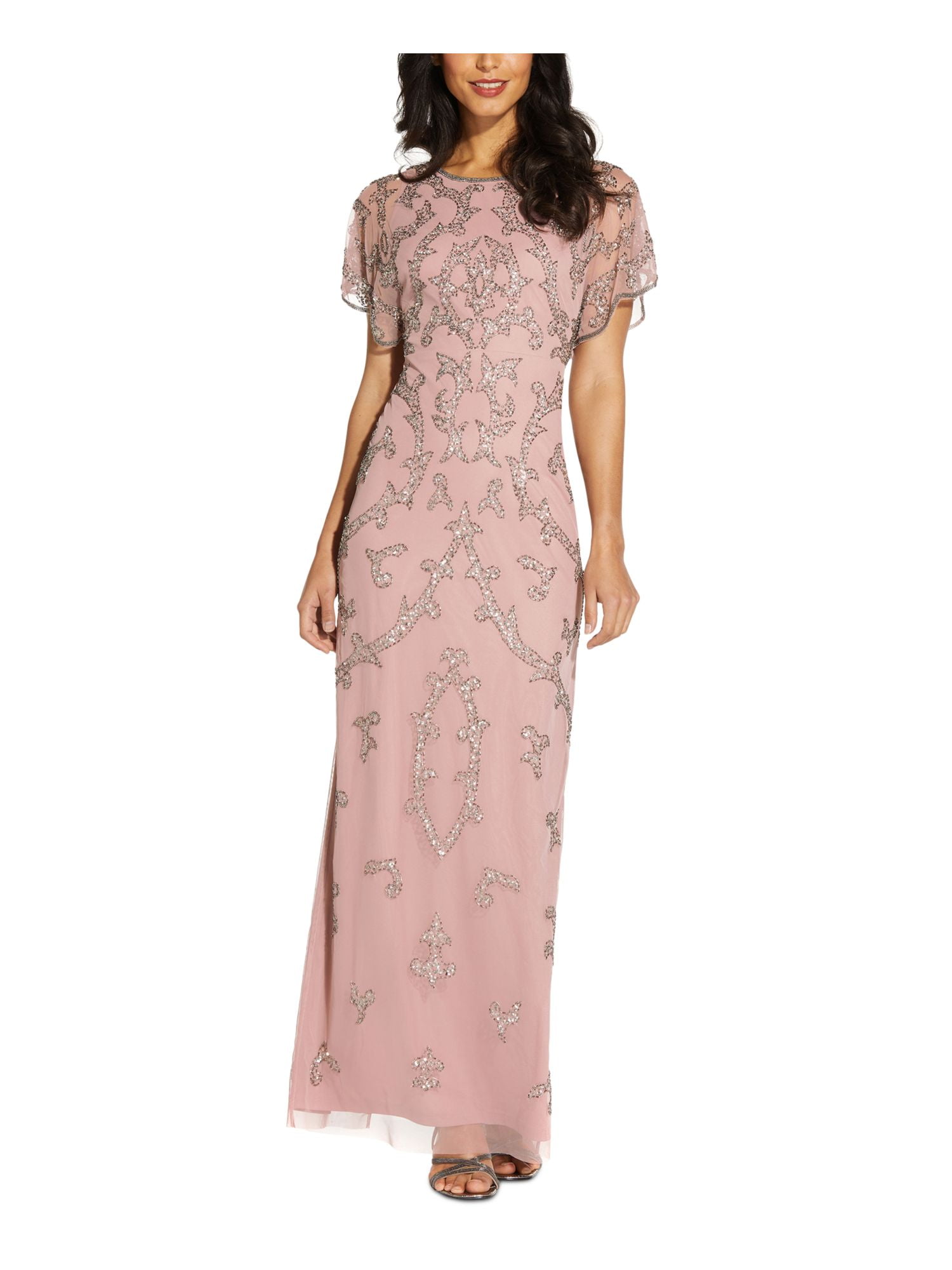 Hand Beaded Short Sleeve Floral Godet Gown In Night Plum | Adrianna Papell