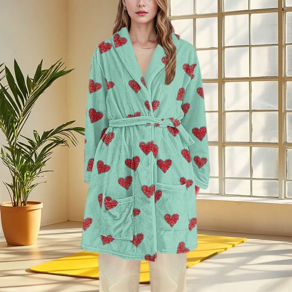 FAHXNVB Robes For Women Long Sleeve Flannel Fleece Soft Fluffy Bathrobe With Pockets Cute Hearts Printed Winter Warm Plush Cozy Spa Robe