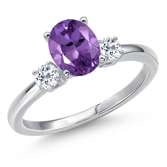 Gem Stone King 14K White Gold Purple Amethyst and White Topaz Engagement Ring for Women | 1.43 Cttw | Oval 8X6MM | Gemstone February Birthstone | Size 6