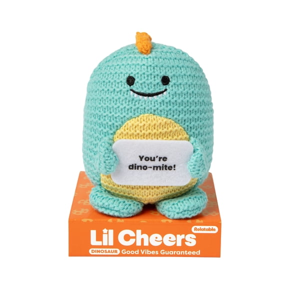 Lil Cheers Dino by What Do You Meme? Crochet Dinosaur Plush with Motivational Sign, Easter Gifts for Kids and Desk Accessories