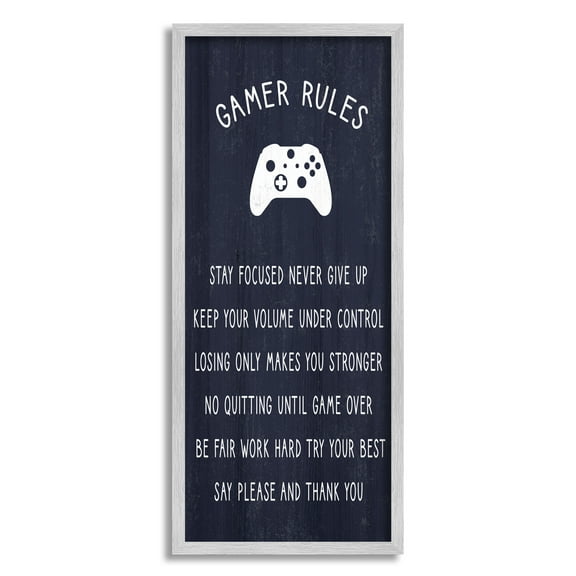Stupell Industries Blue Gamer Rules Motivational Phrases for Children Inspirational Painting Gray Framed Art Print Wall Art, 13 x 30