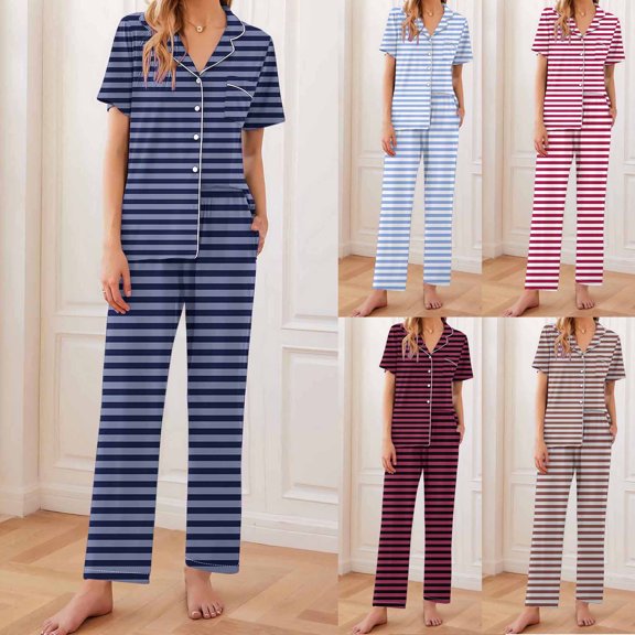 QNANSPI Pajamas for Women Set,Short Sleeve with Long Pajama Pant,Women Fashion Printed Thin Short Sleeved Long Pants Lapel Pajamas Suit
