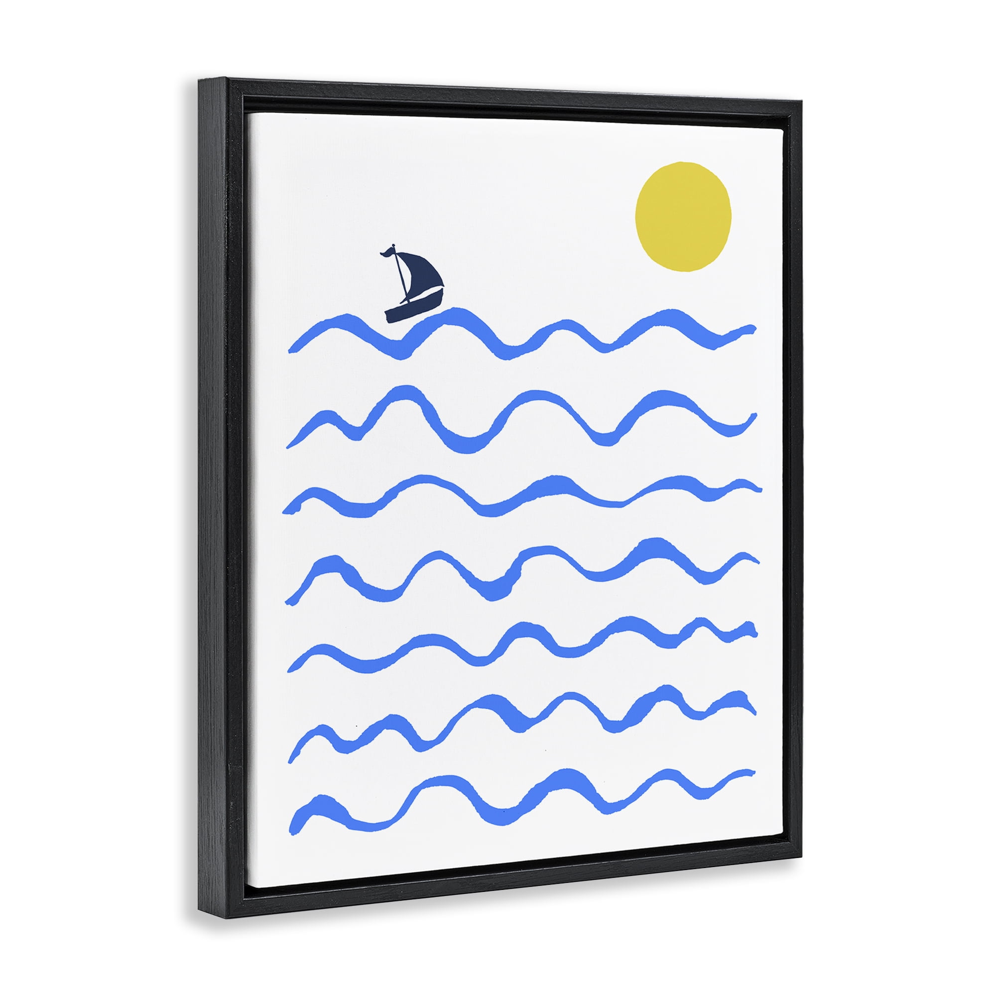 Stupell Industries Blue Waves & Sailboat Doodle Nautical & Beach Painting Black Floater Framed Canvas Art Print Wall Art, 25 x 31