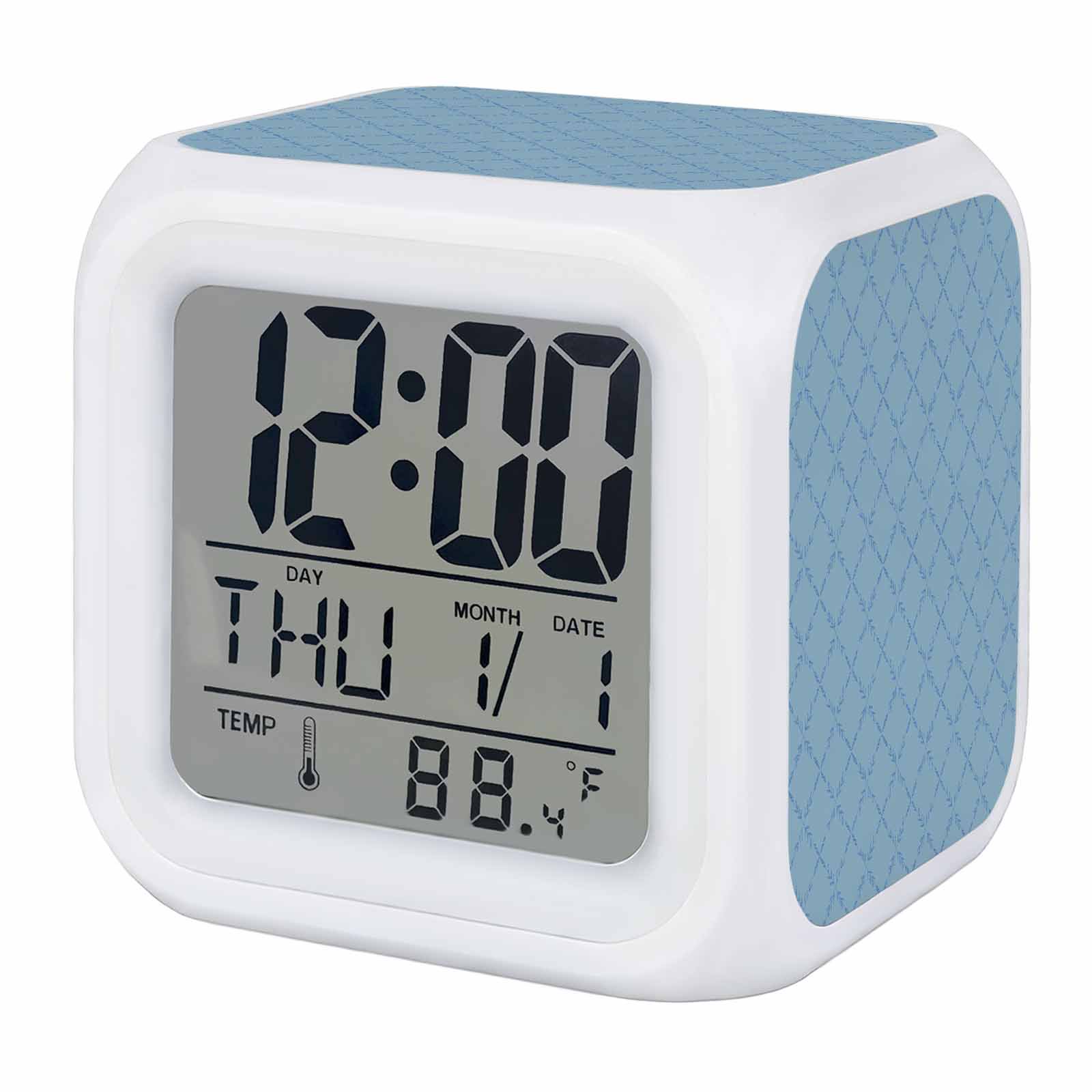 Fall Alarm Clocks Blue Check Buffalo Plaid Digital Clock 7 Color LED Night Light Silent Non-Ticking Battery Operated Diamond Lattice Thanksgiving Cube Clocks for Bedroom Bedside Living Room