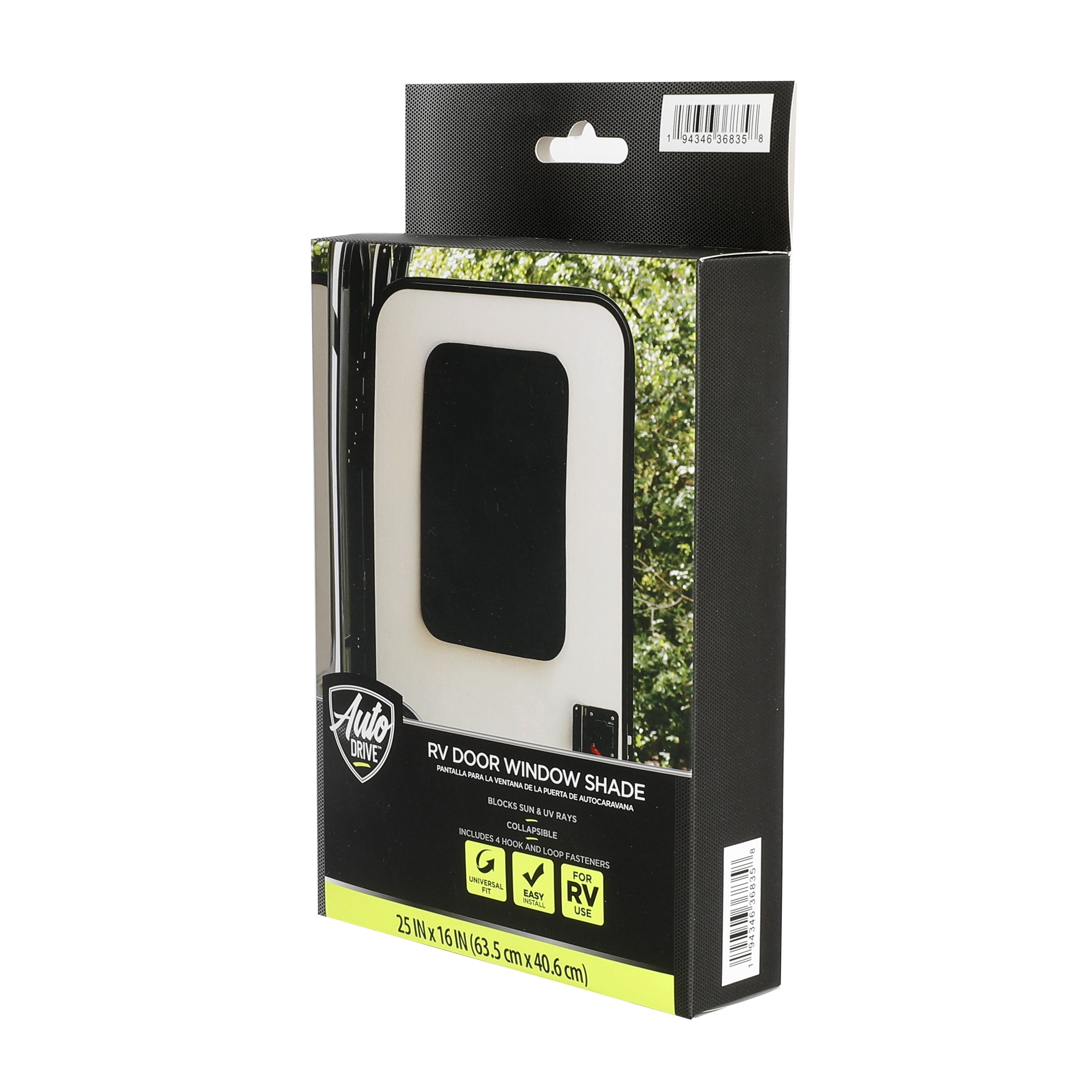 Auto Drive RV Door Window Shade, Universal, Collapsible, Polyester, Black