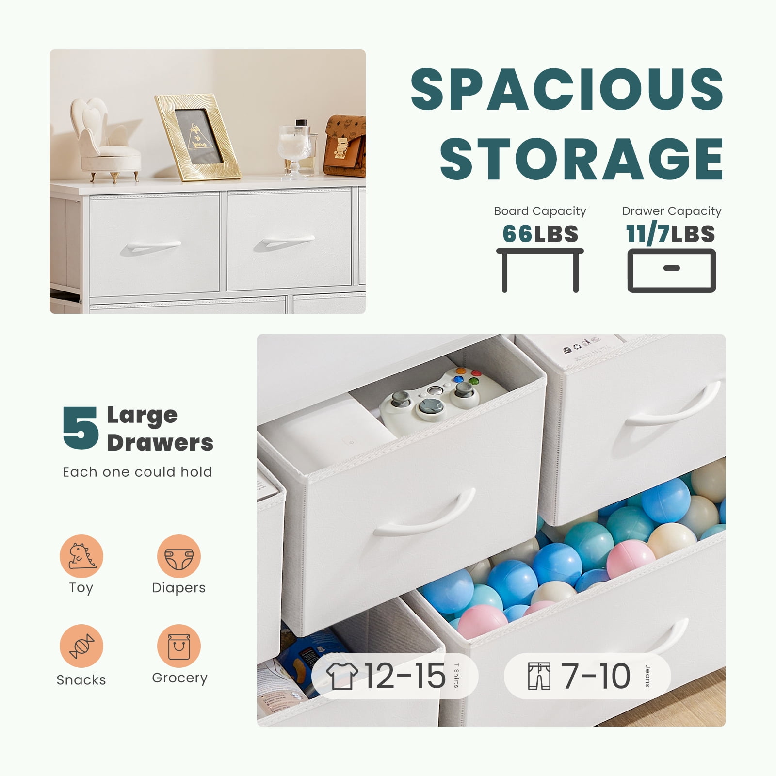 MAYEERTY 5 Drawers Organizer, TV Stand with Fabric Storage, Tower Storage Cabinet Dresser & Chest, Gray