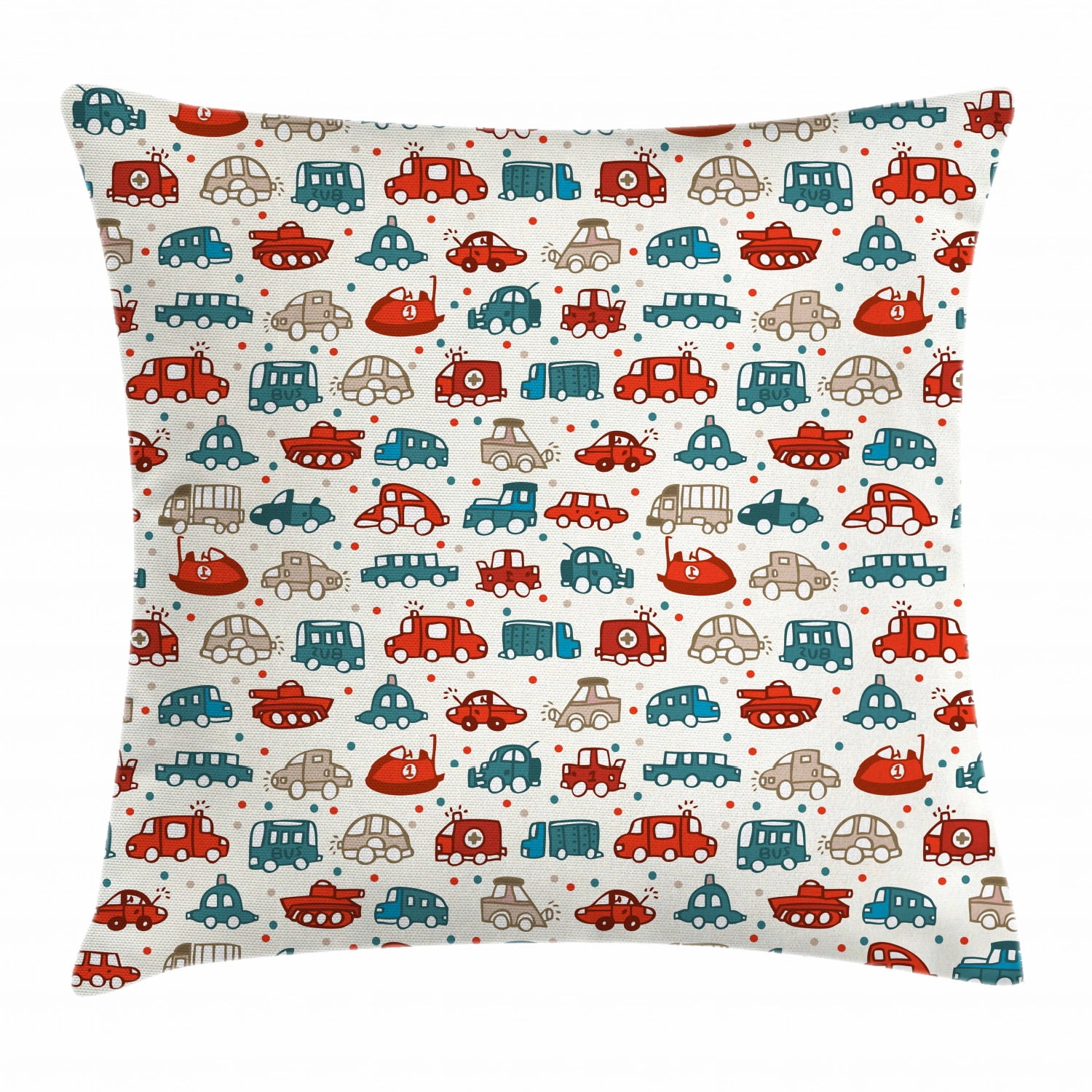 Cars Throw Pillow Cushion Cover, Cheerful Baby Boy Play Things in Kids Doodle Style with Many Different Vehicles, Decorative Square Accent Pillow Case, 18 X 18 Inches, Teal Scarlet Tan, by Ambesonne