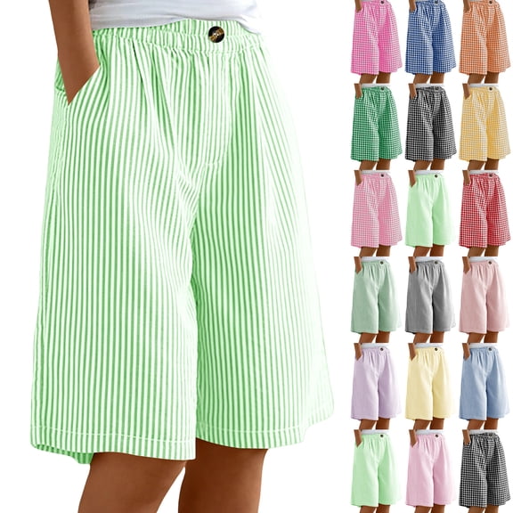 Summer Plus Size Shorts Pants For Women Stripe Elastic Loose Casual Shorts Straight Wide Leg Shorts With Pocket Half Shorts Pants Biker Shorts Running Yoga Shorts