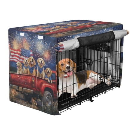 Qxltty American Fireworks Dogs Truck Crate Cover Durable Oxford Cloth Pet Kennel Sunshade Universal Fit for 35in Wire Cage