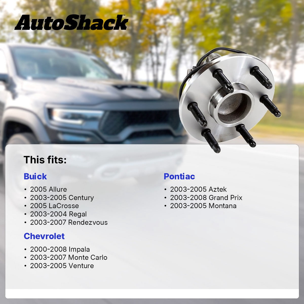 AutoShack Front Wheel Hub Bearing Assemblies - Driver and Passenger Side for Chevrolet & Pontiac, Impala 2000-2008 Grand Prix 2003-2008, FWD V6 3.1L 3.4L 3.5L 3.8L 3.9L - 5-Lug, Without ABS
