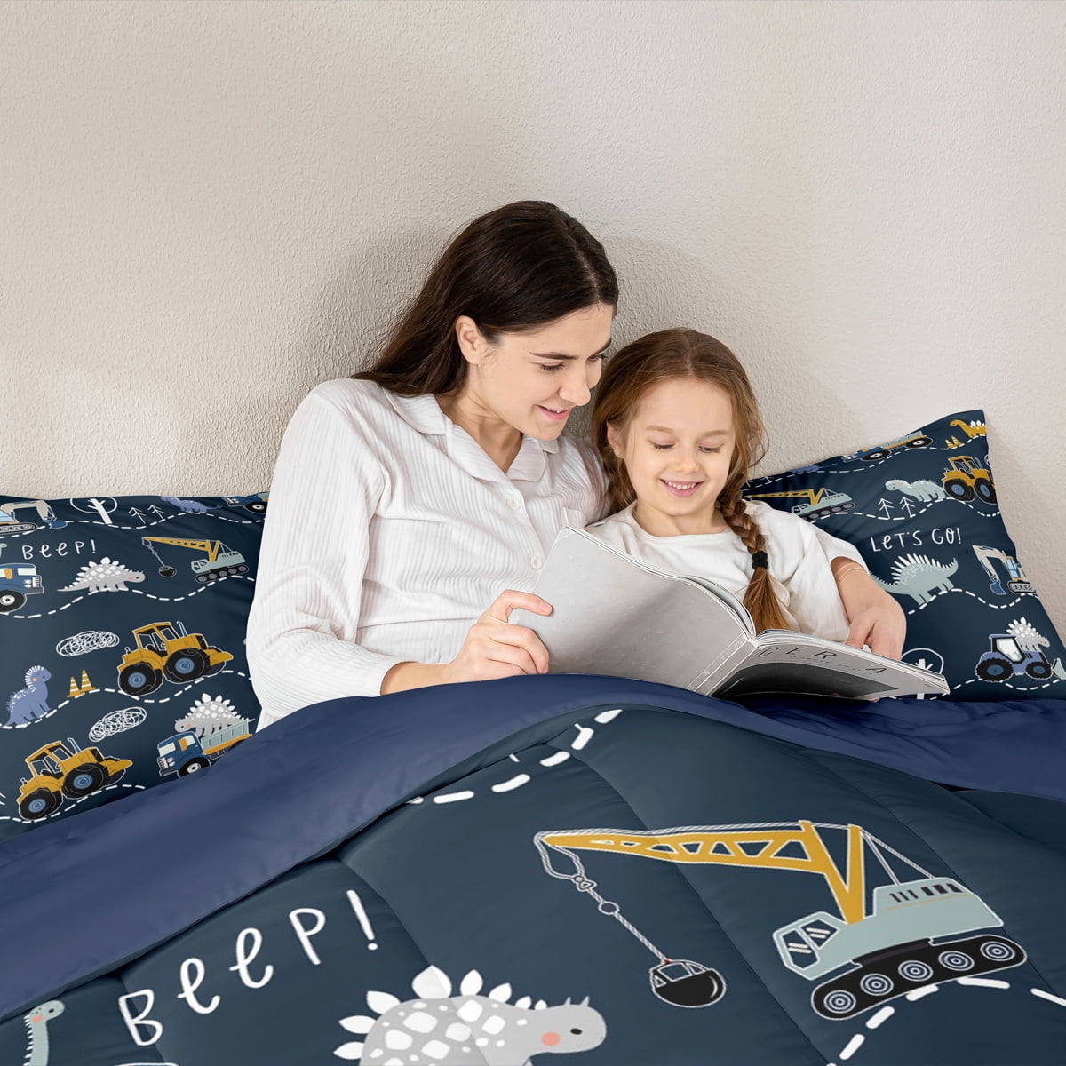 Homewish Cute Cartoon Dinosaur 7pcs Bedding Comforter Set,Cartoon Truck Queen Bedding Sets,Deepblue Gray Yellow Queen Sheet Sets For Teens Kid,Luxury Bedroom Decor Reversible