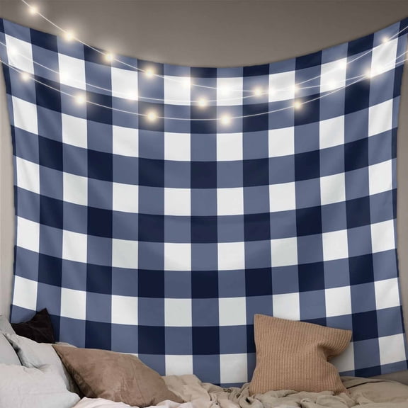 Navy Blue Check Tapestry for Bedroom Wall Hanging Tapestry, Farmhouse Buffalo Plaid Blue Ceiling Backdrop Tapestries Poster Blanket Wall Decor for Teens Room Living Room Dorm 39" x 59"