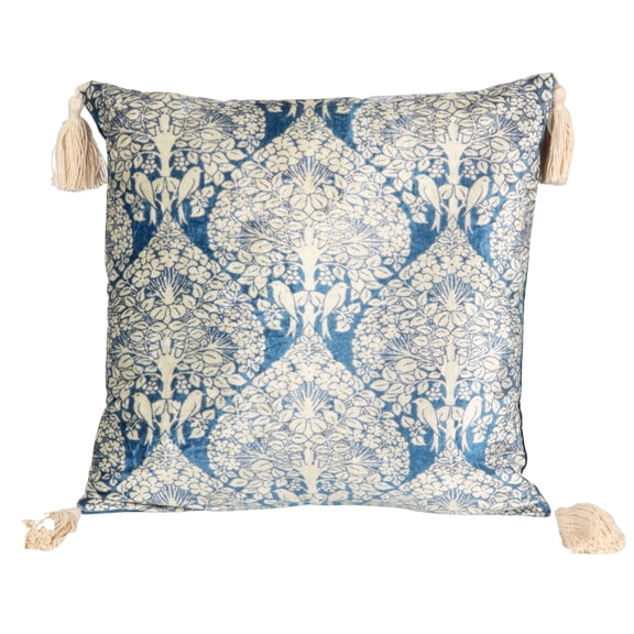 Creative Co-Op Cotton Blend Velvet Printed Pillow with Pattern and Tassels, Blue and Cream Color