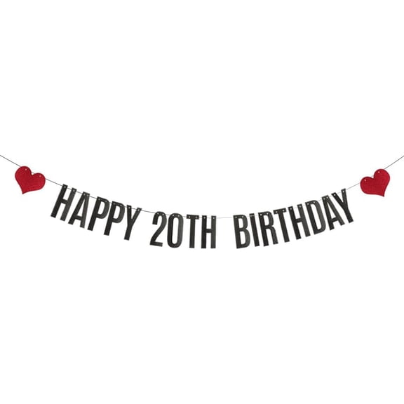 HAPPY 20TH BIRTHDAY Banner, Pre-Strung, Black Glitter Paper Garlands for 20th Birthday Party Decoratiopns Supplies, Letters Black