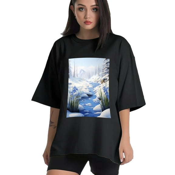 Plus Size Shirt for Women Black Tops for Women Short Sleeves Shirt for Women Snow Environment 2 T Shirt Crewneck Shirt for Women XS