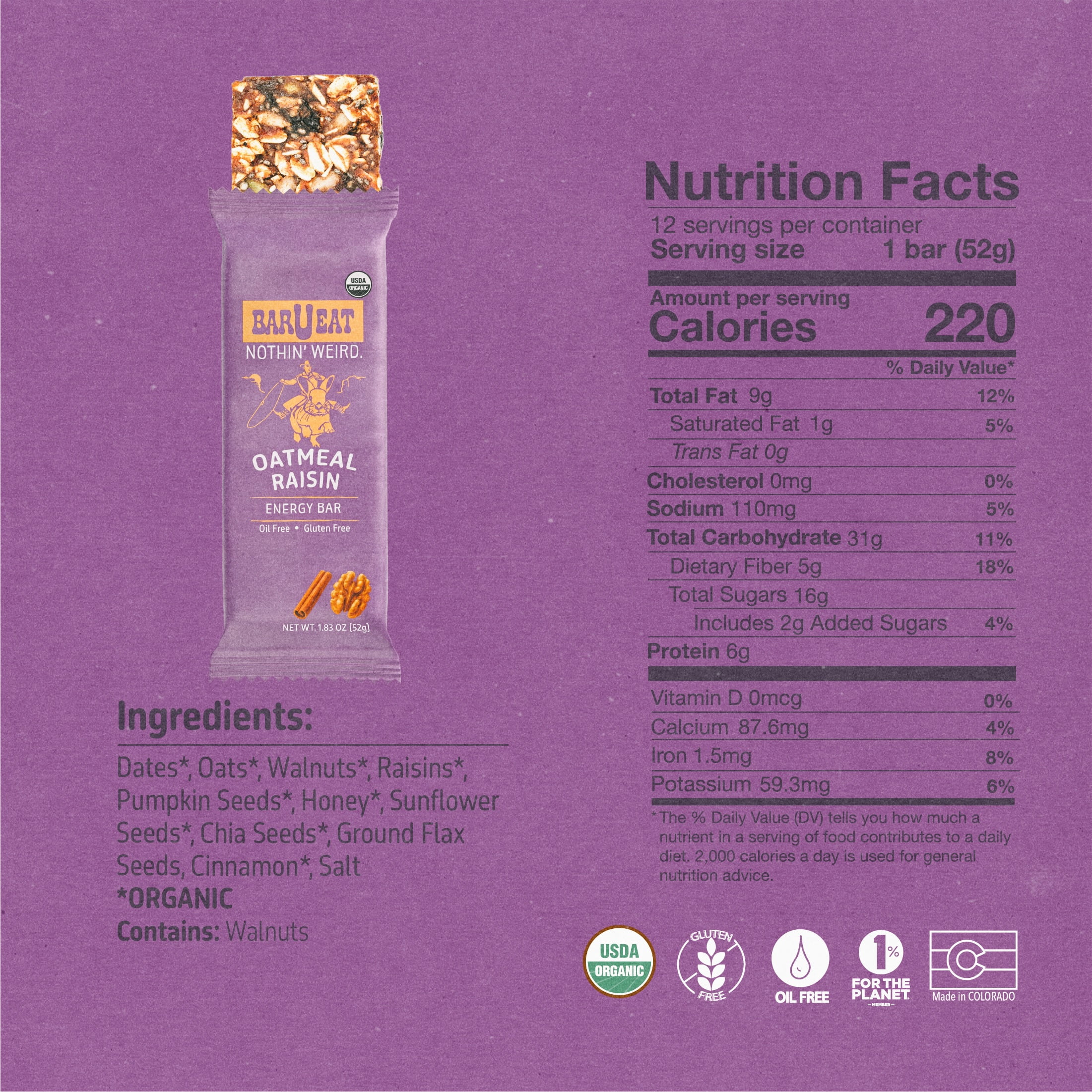 BAR-U-EAT Gluten-Free, Organic, Soft & Chewy Energy Bar. Whole Food Ingredients | Compostable Packaging | No Artificial Sugar | Healthy Snacks (Oatmeal Raisin 12 Pack)