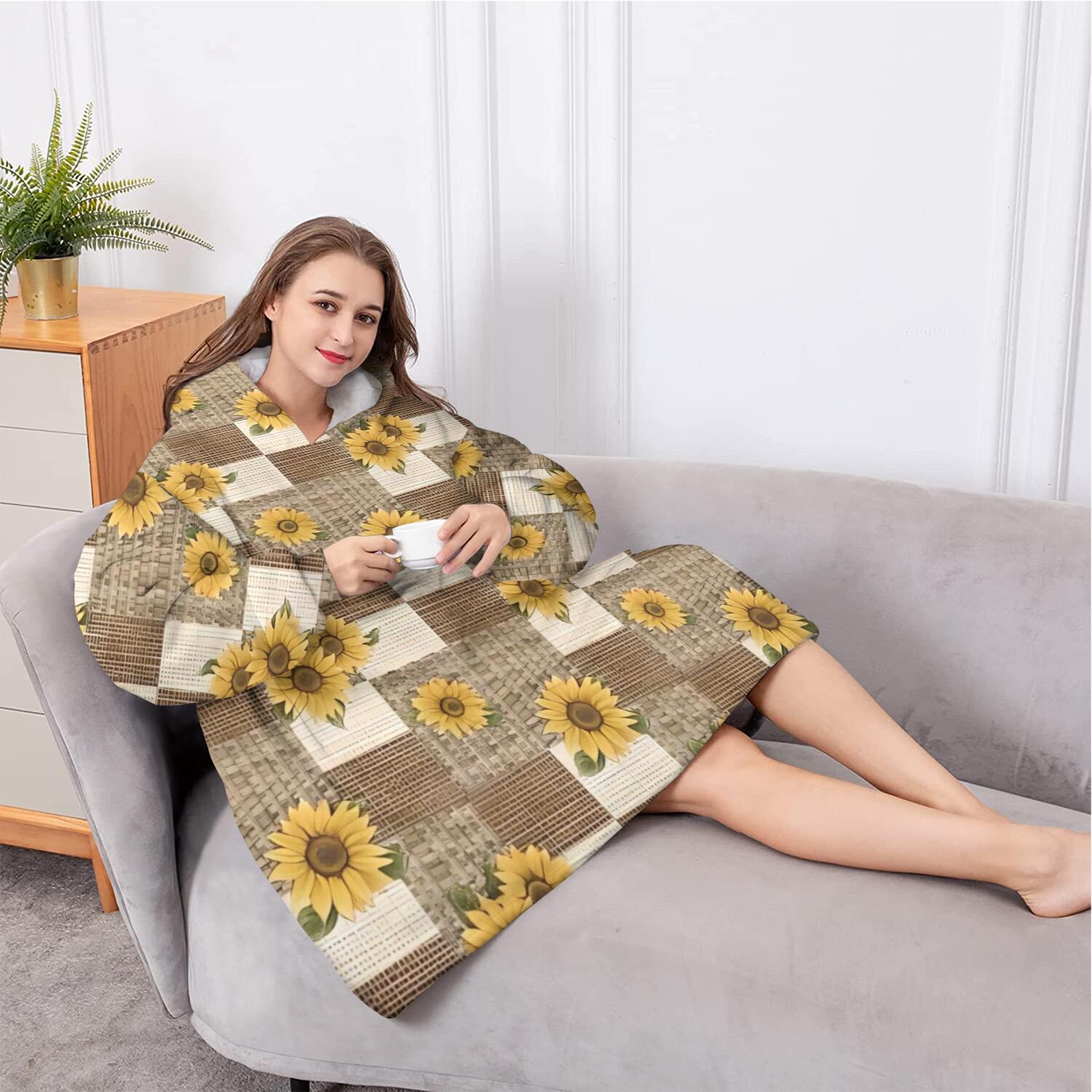 Oversized Wearable Blanket Hoodie,Brown Checker Sunflower Pattern Sherpa Blanket Hoodie with Super Pockets,Super Warm Fuzzy Pullover for Women & Men