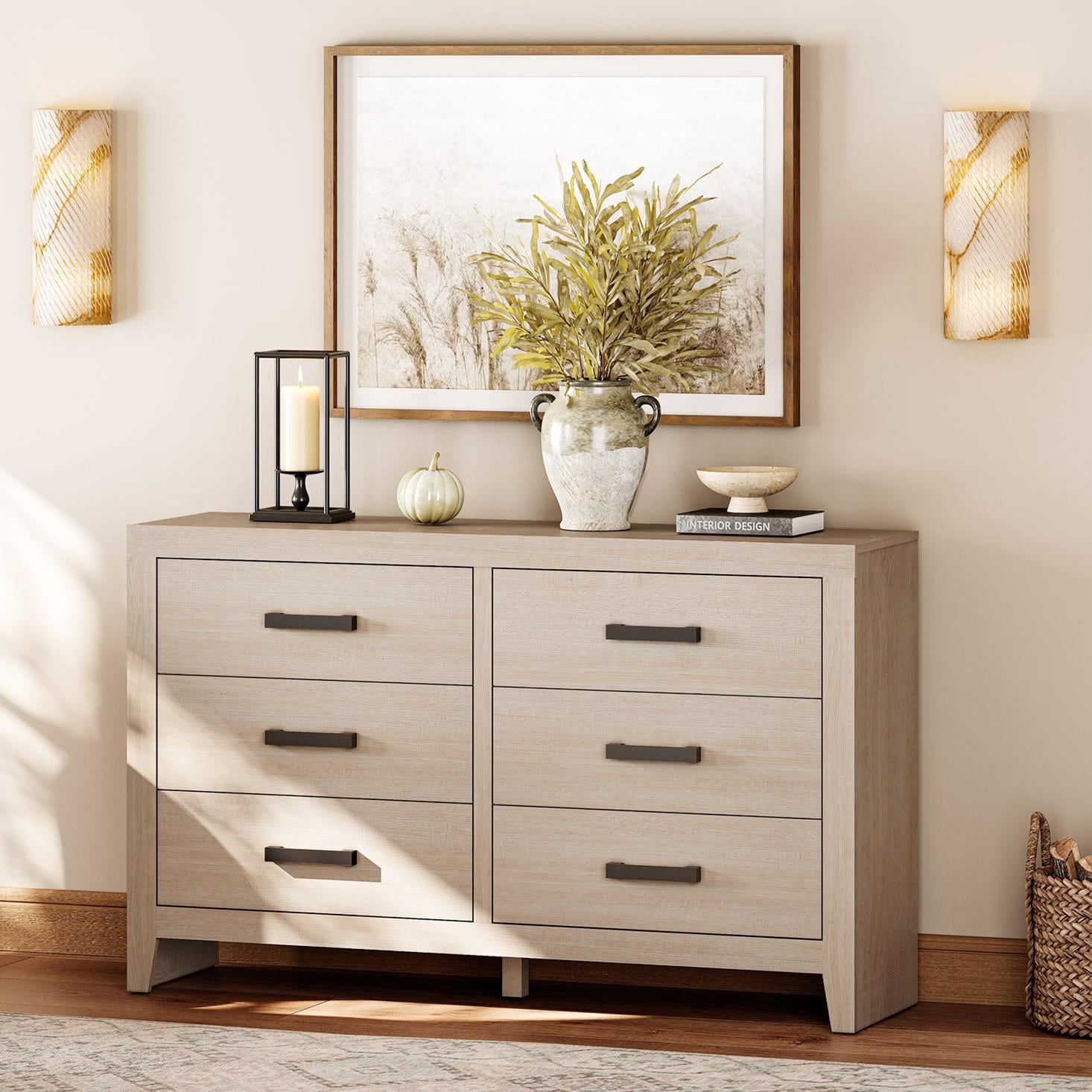 WAMPAT Farmhouse Dresser for Bedroom, 53 Inch Farmhouse Wood Storage Cabinet with 6 Drawers, Rustic Chest of Drawers for Living Room & Hallway