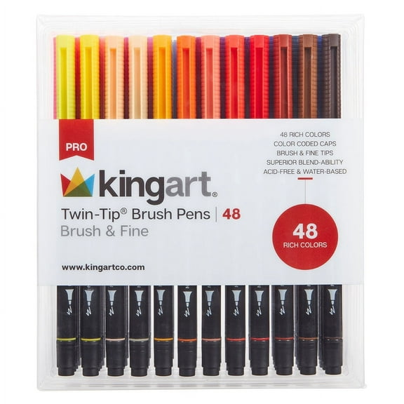 KINGART PRO Dual Tip Brush/ Fine Markers Set – 48 Vibrant Art Markers for Drawing and Adult Coloring