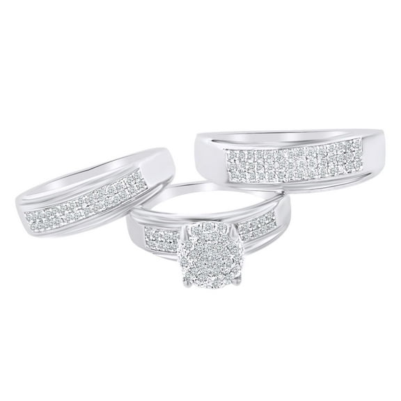AFFY Round Shape White Cubic Zirconia Trio Engagement Wedding Ring Set In 10k Solid White Gold Ring Size-4