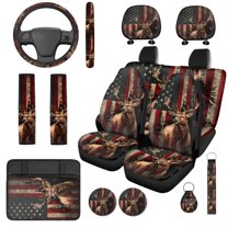 Uorisanigo American Flag Deer Car Seat Covers Set 14 Pcs Cars Headrest Cover and Steering Wheel Accessories Armrest Cover Auto Seat Belt Pads and Water Cup Pad Universal Fit for Car SUV