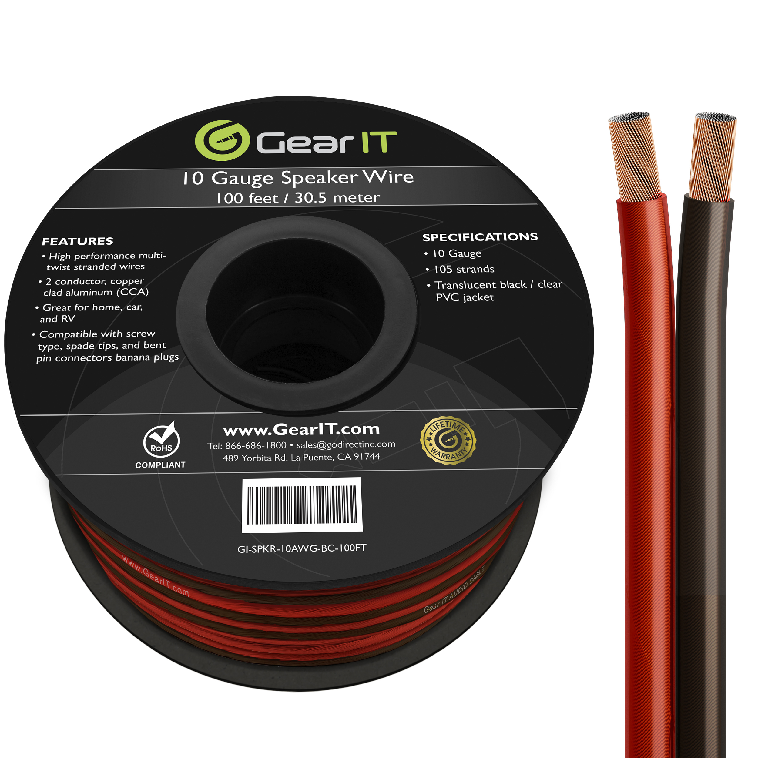 GearIT 10 Gauge Speaker Wire (100 Feet), Copper Clad Aluminum, CCA Thick Gauge Copper Wire for Stereo, Surround Sound, Home Theater, Radio (Black/Red, 100 Feet) - image 1 of 8