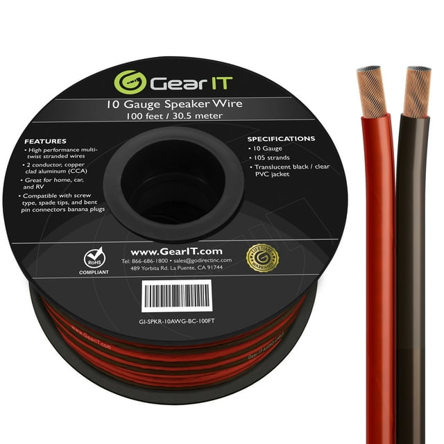 GearIT 10 Gauge Speaker Wire (100 Feet), Copper Clad Aluminum, CCA Thick Gauge Copper Wire for Stereo, Surround Sound, Home Theater, Radio (Black/Red, 100 Feet)