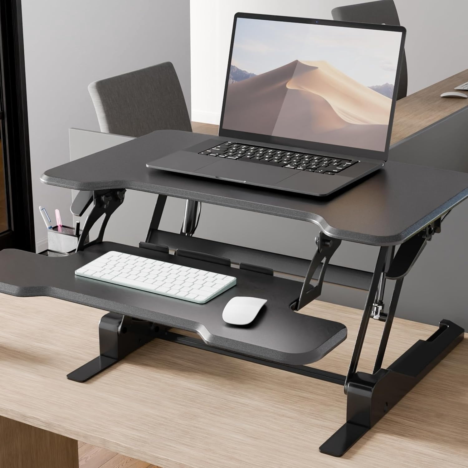AINUO Height Adjustable Standing Desk Converter, 30 Inch Wide Gas Spring Compact Tabletop Standing Desk Riser, Black Stand Up Desktop Desk with Keyboard Tray for Monitor and Laptop Home Office Use
