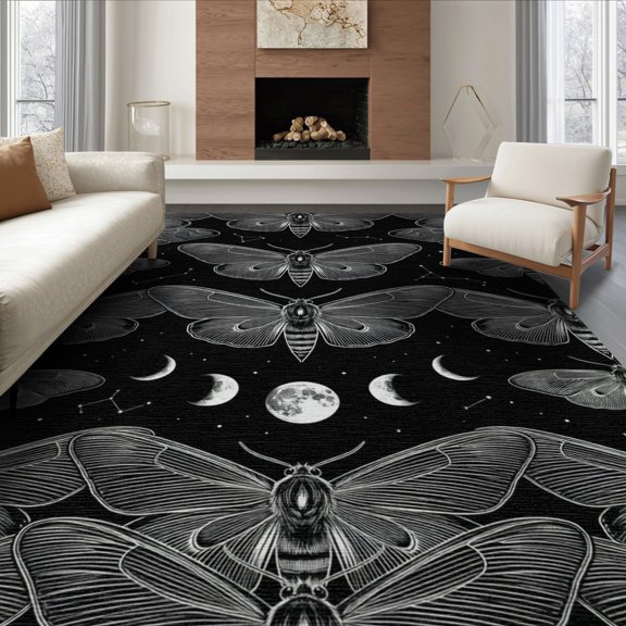 ODIKA 8'x10' Washable Area Rug Durable, Non-Slip Moth Gothic Galaxy Phase Mystical Symmetry Witchy Death Academia Refined for Living Room, Under Sectional, Family