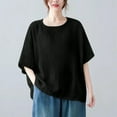 thumbnail image 2 of Dropped Shoulder Tee for Women Short Sleeve Round Neck Top, Solid Color Linen-Like Shirt Modern Casual Blouse with Side Slit Hem, 2 of 5