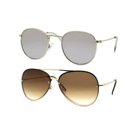 Time and Tru Women's Metal Sunglasses 2-Pack Bundle: Round Sunglasses and Aviator Sunglasses