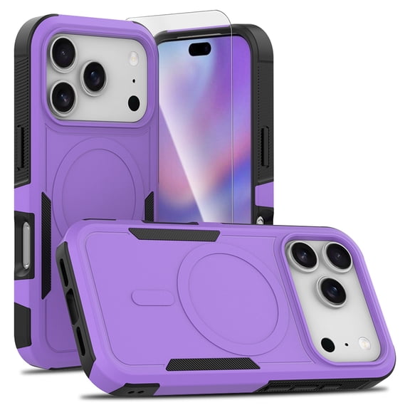 COAROVER for Apple iPhone 18 Pro 6.3" Rugged Shockproof Phone Case,Compatible with MagSafe,Hard PC TPU Bumper Dual Layer Protective Cover with Tempered Glass Film,Purple