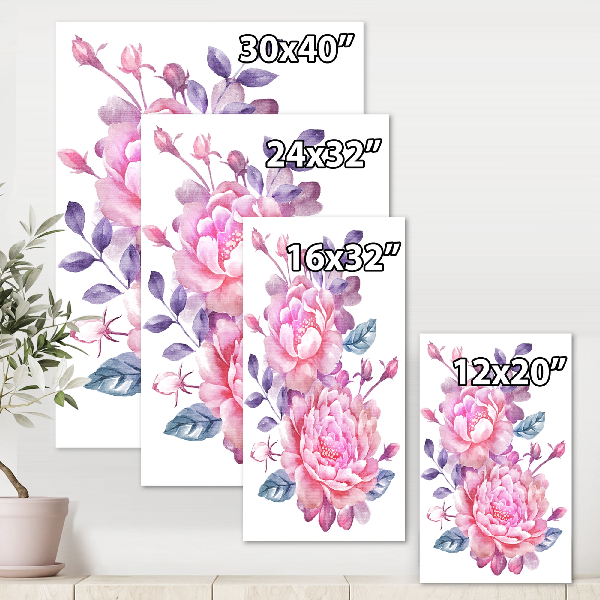 Designart ' Pink Retro Flowers With Blue Leaves On White ' Traditional Canvas Wall Art Print