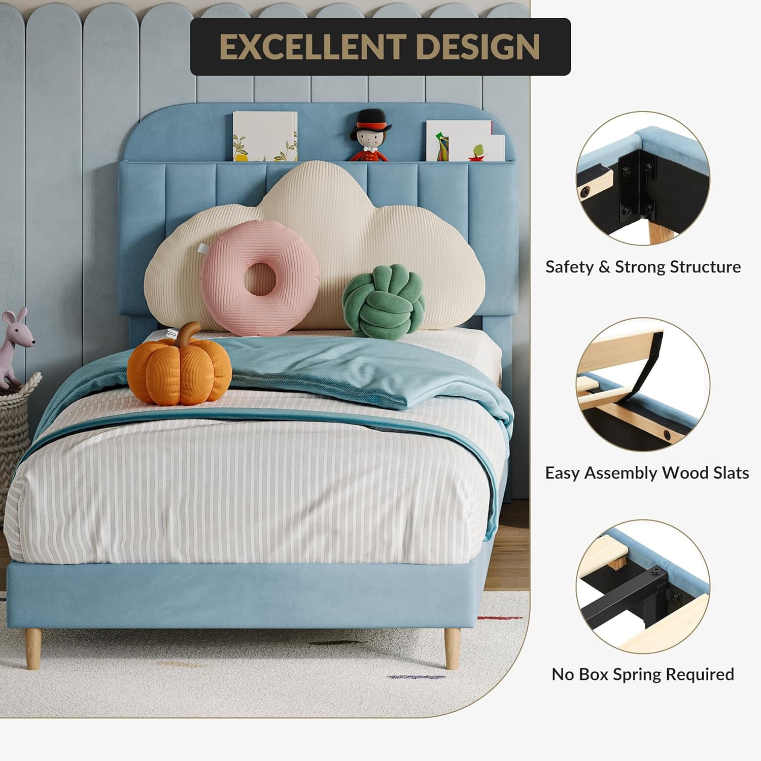 COZONY Twin Bed Frame, Velvet Upholstered Platform Bed w/ Bookcase Headboard, No Box Spring Needed, Noise-Free, Blue